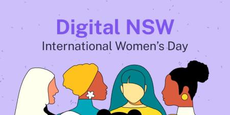 Graphic of four women and text that says Digital NSW International Women’s Day
