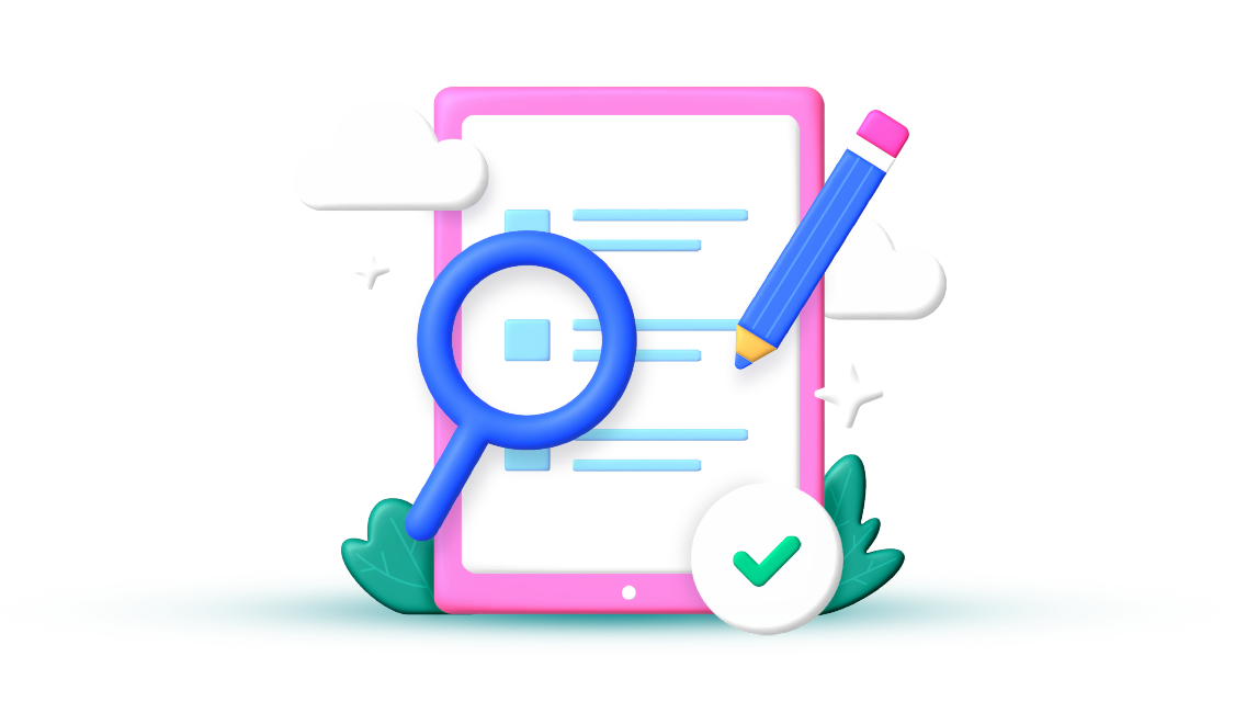 Digital document with a magnifying glass, pencil, and approval checkmark.