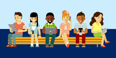 graphic depicting a group of diverse people sitting together, each using various digital devices like laptops, smartphones, and tablets