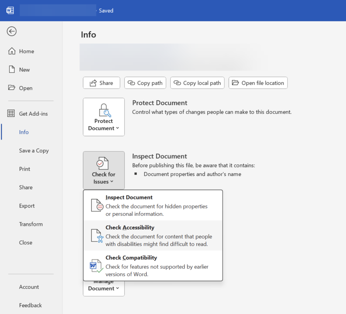 A screen grab of the File menu in Microsoft Word, showing the Info tab. The Inspect Document control is open, and one of the options is called Check Accessibility.