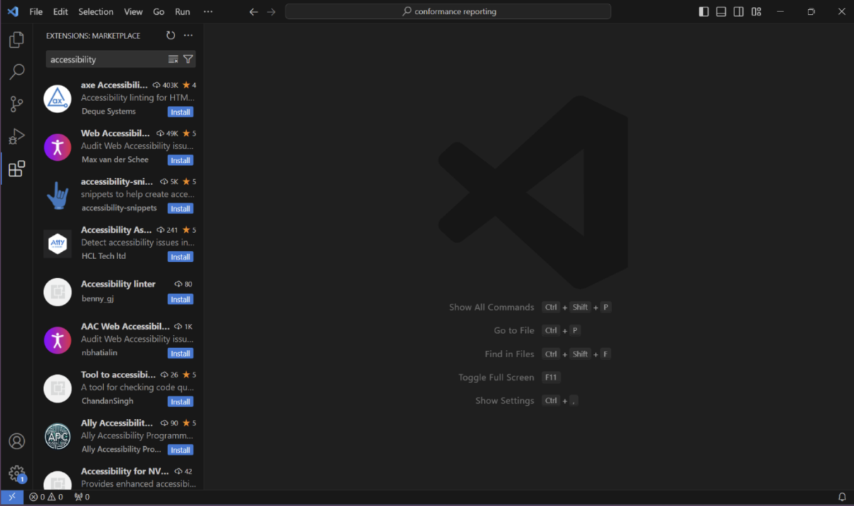 A screen grab of VS Code, with the Extensions search panel open. The search term is accessibility and the results are a long list of linters. 
